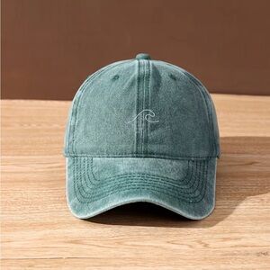 Green Washed Baseball Cap Unisex Hat Wave Print OS Adjustable Buckle Back NEW